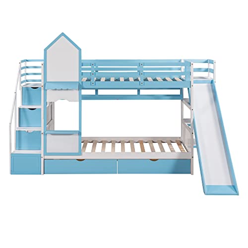 Twin Over Twin Floor Bunk Bed, Ladder with Storage, Wood Bunk Bed, Gray ，Queen Bed