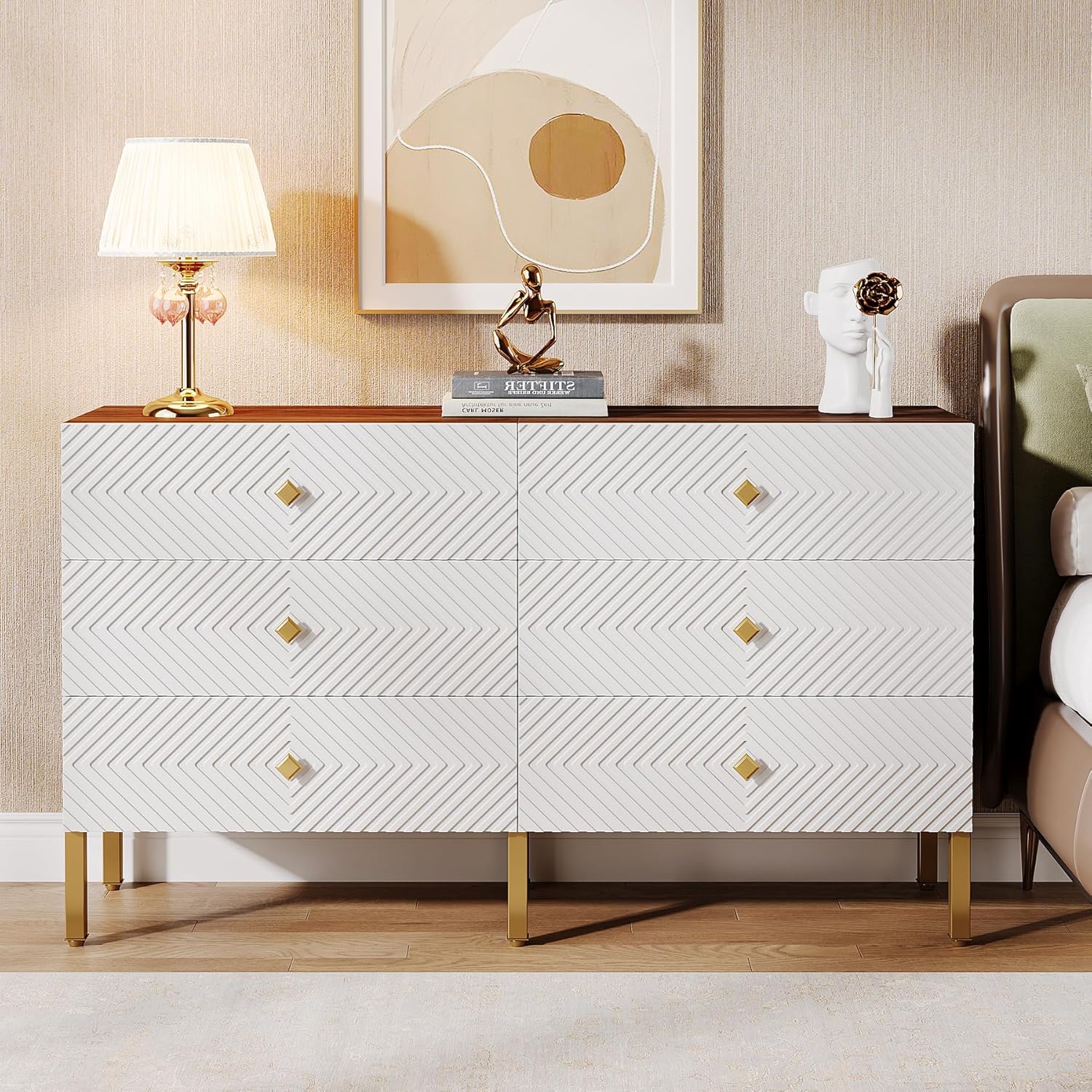 Tribesigns 6-Drawer Dresser for Bedroom, Large Double Wide Chest of Drawers, 55-Inch Wood Storage Dresser for Closet, Modern 6-Drawer Dresser Cabinet with Gold Legs and Handles, White & Brown