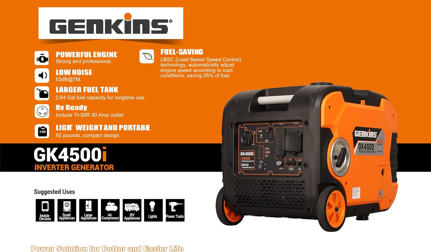 GENKINS 4500 Watt Portable Inverter Generator Gas Powered Ultra Quiet RV Ready Camper Friendly