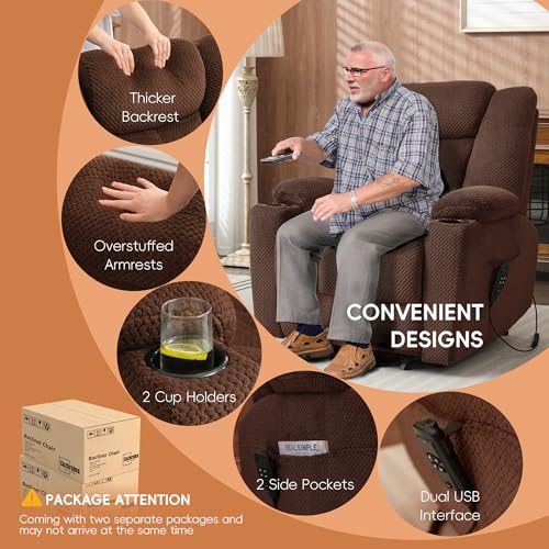 Dual Motor Power Lift Recliner for Elderly, Electric Reclining Chair with Massage and Heat, Single Sofa with USB Ports, Cup Holders, Side Pockets for Living Room Bedroom (Brown)