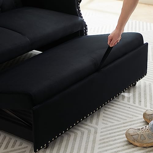3 in 1 Convertible Sofa Bed with 2 Lumbar Pillows, Velvet Upholstered Sleeper Recliner Sofa Couch with Detachable Armrest, Multifunctional Pull Out Couch for Living Room, Bedroom, Office, Black