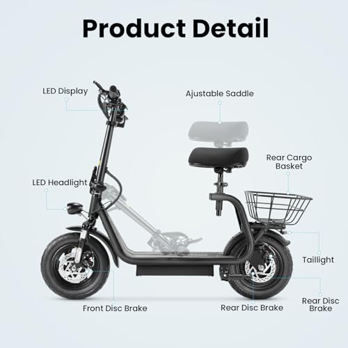 Caroma Peak 800W/1200W Electric Scooter Adults, 30 Miles Max Range, Foldable Electric Scooter with Seat, Front Suspension, Detachable Large Basket,Commuter E-Scooter for Adult and Teens