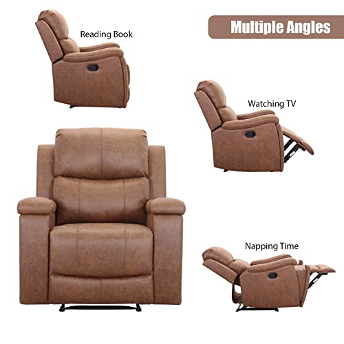 CANMOV Leather Recliner Chair, Classic and Traditional Manual Recliner Chair with Overstuffed Arms and Back, Manual Single Sofa with Concealed Cup Holders,Red Brown