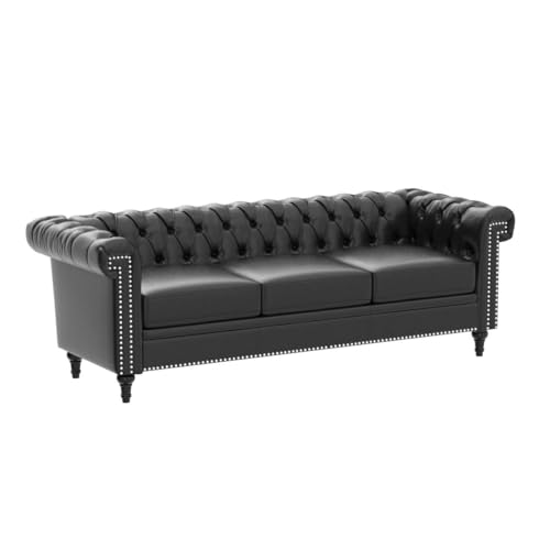 Chesterfield Velvet Sofas for Living Room, Traditional Square Arm 3-Seater Sofa 82.5" Couch Deep Button Nailhead Tufted Blue Upholstered Couches Removable Cushion Easy to Assemble