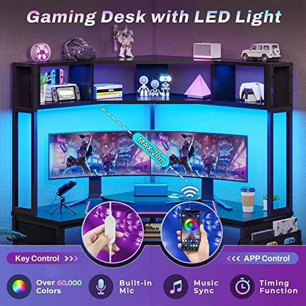 HOOMHIBIU Corner Desk  Small Computer Desk with Hutch &amp; LED Lights  Triangle Corner Computer Desk with Keyboard Tray   Bag  and Headphone Hook for Small Space  Small Office Desk  Rust