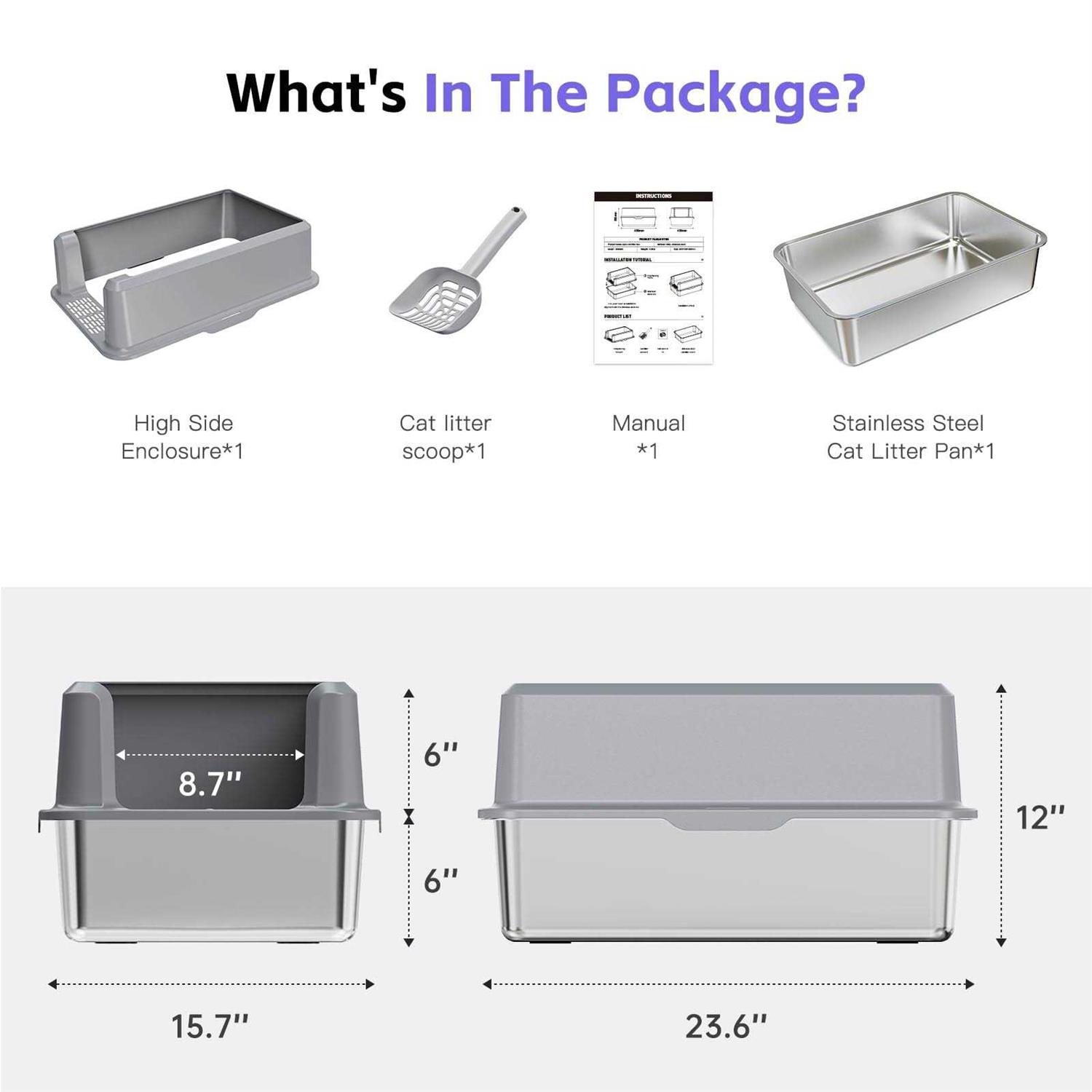 Suitfeel Enclosed Stainless Steel Litter Box XL Metal Litter Box with High Side - Pet Supplies online store