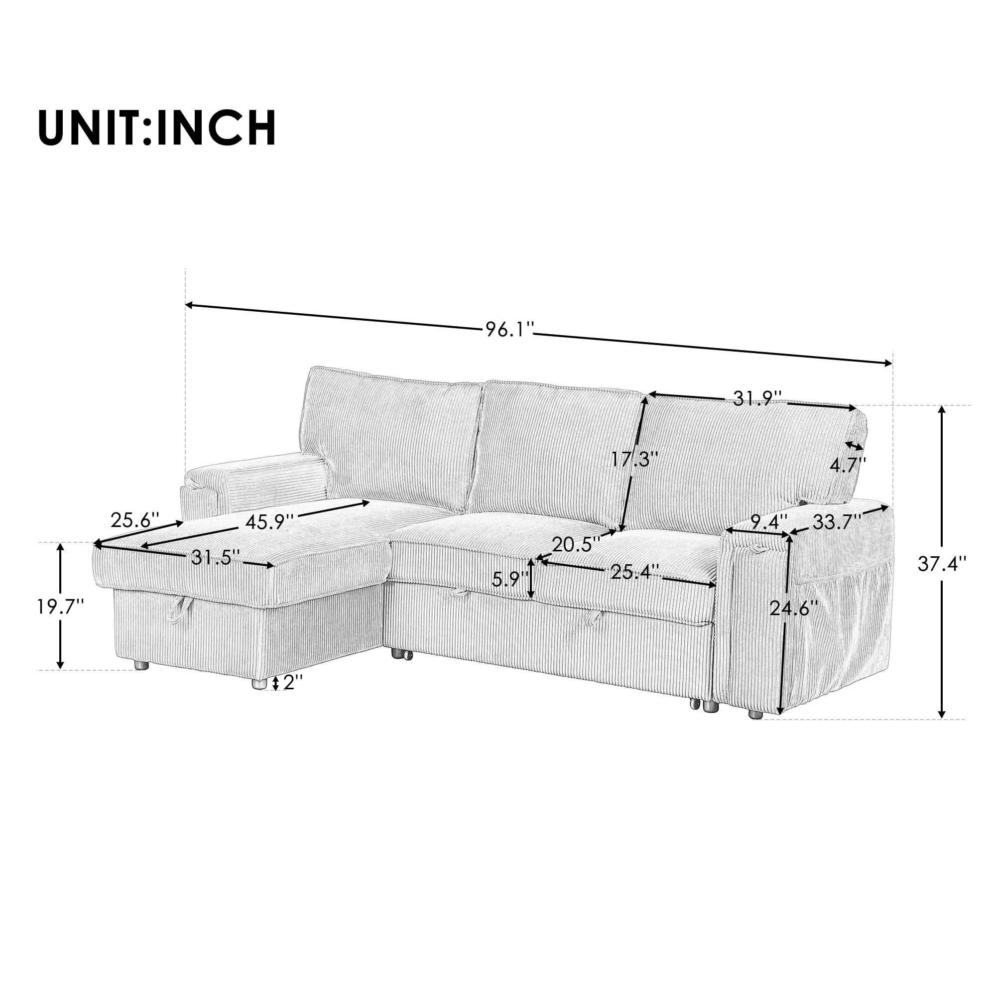 EUROCO 96.1" L-Shape Convertible Sleeper Sectional Sofa with Pull-Out Bed ,Storage Chaise and 2 Cup Holders, Corduroy Upholstered Reversible Corner 3 Person Couch, for Living Room, Apartment,Gray