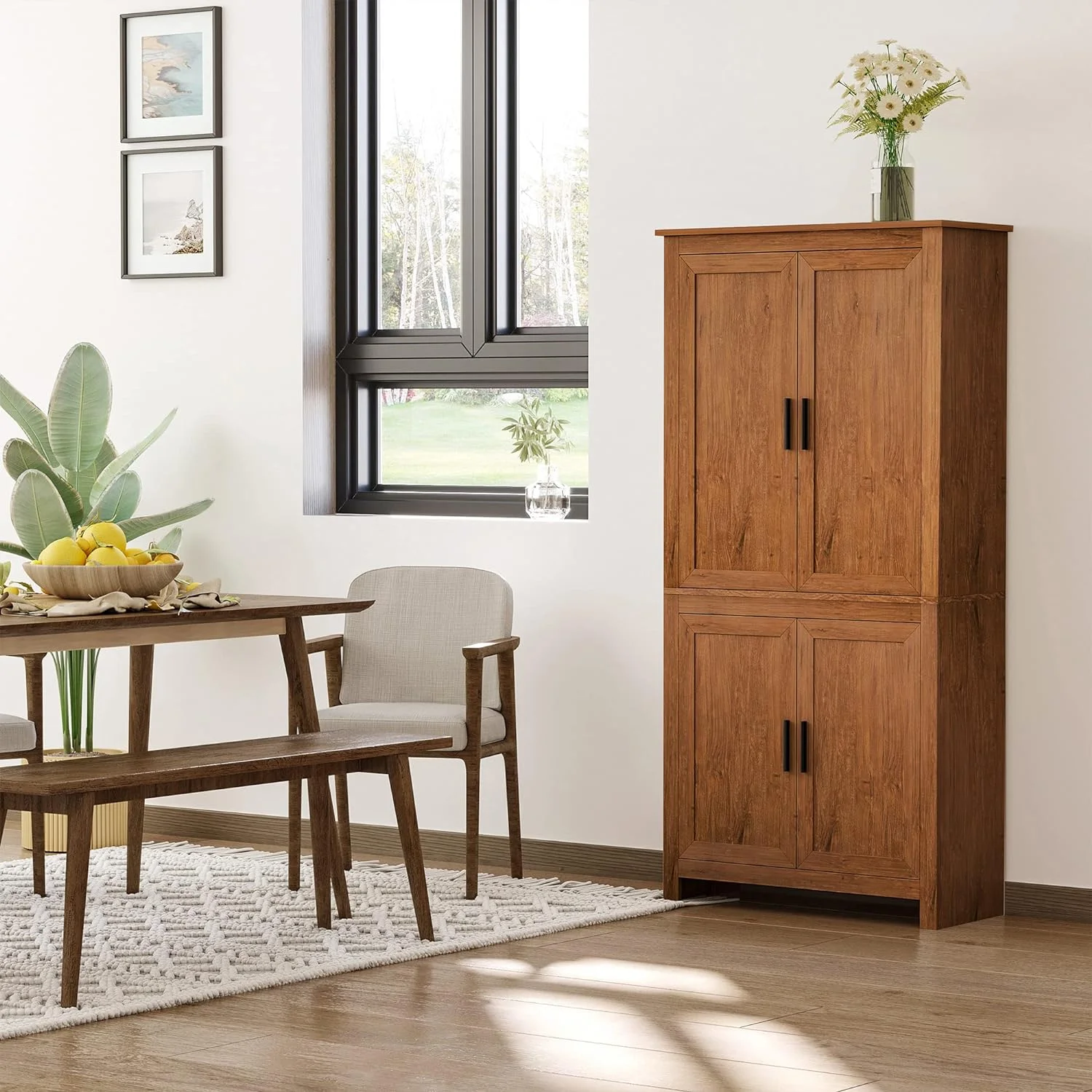 64" 4-Door Kitchen Pantry, Freestanding Storage Cabinet with 3 Adjustable Shelves for Kitchen, Dining or Living Room, Oak