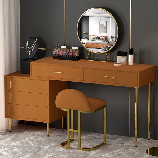 Modern Blue Makeup Vanity Set Retracted Dressing Table Cabinet&Stool&Mirror Included
