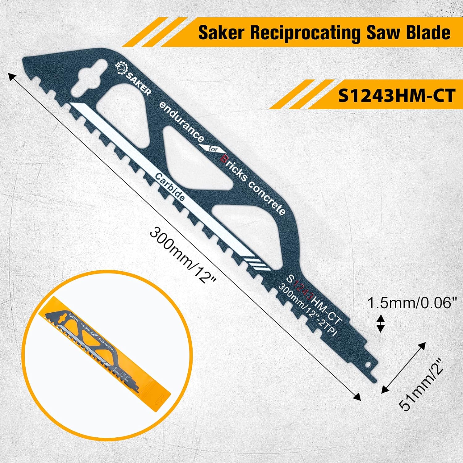 Saker Saw Blade-Demolition Masonry Reciprocating Hard Alloy Saw Blades for Cutting Wood,Porous Concrete,Brick 12”/300mm Pack of 2