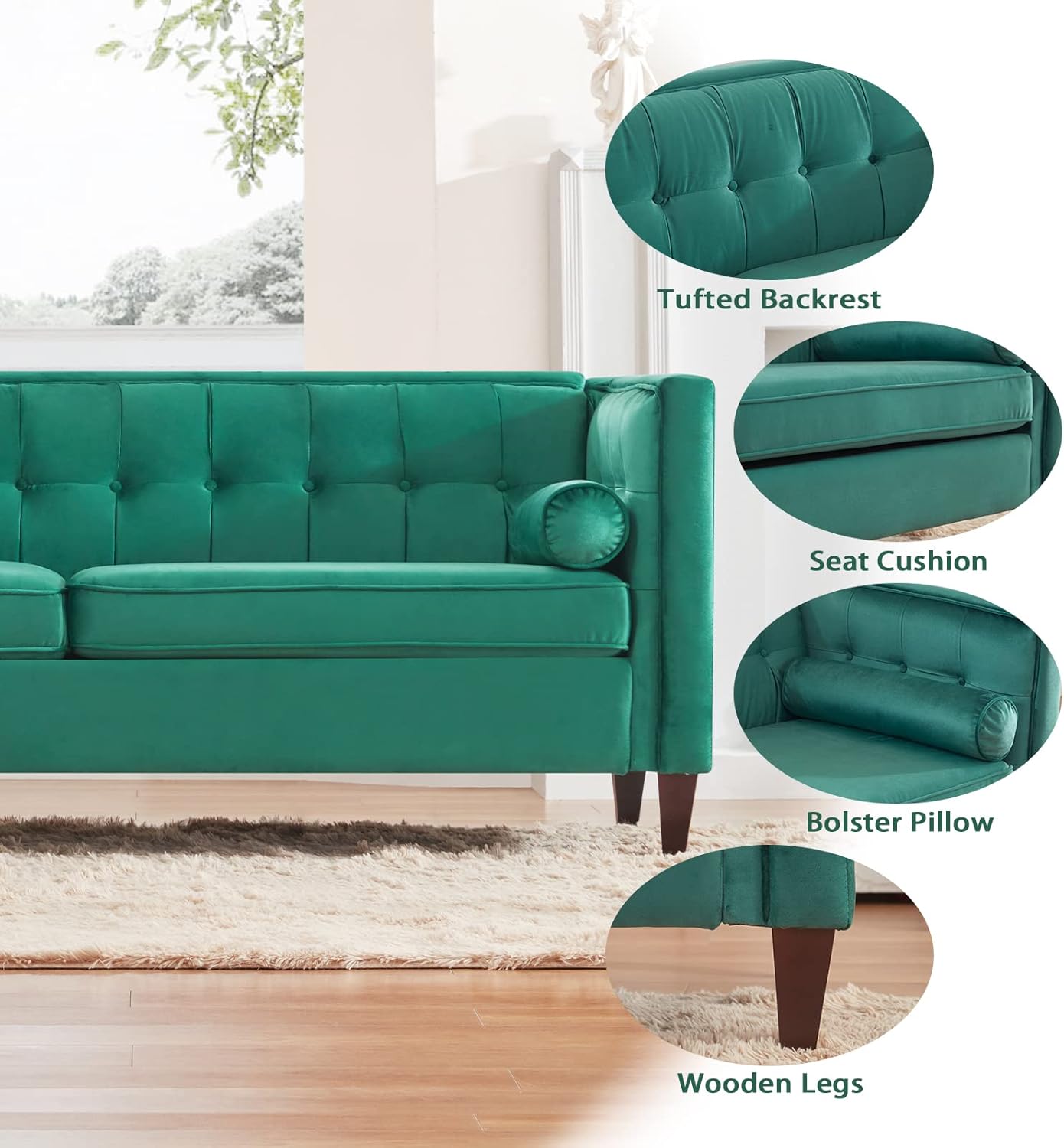 78'' Mid-Century Velvet Sofa, Couch Furniture with Bolster Pillows, Button Tufted Couch for Living Room, Tool-Free Assembly, Green