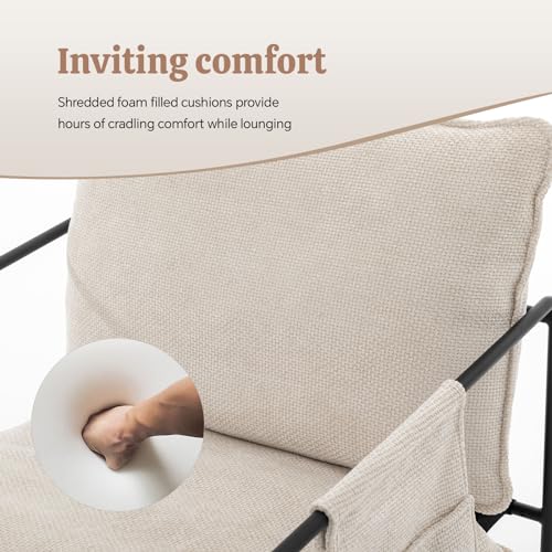 Sling Accent Chair Set of 2 Mid Century Modern Accent Chair with Metal Frame,Upholstered Reading Armchair with Side Pocket for Living Room,Bedroom (Beige)