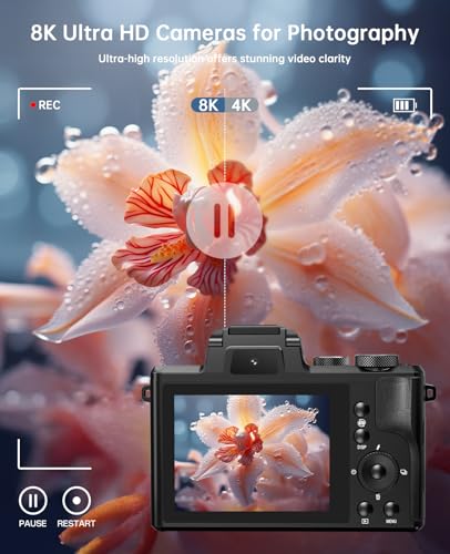 8K Digital Cameras for Photography - Autofocus 88MP WiFi Vlogging Camera for YouTube with Dual-Lens - 16X Digital Zoom Vlog Camera with Lens Hood, Flash, Touch Screen, 2 Batteries, 32GB TF Card