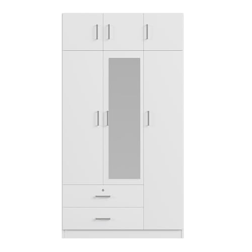 Wardrobe Closet, Wardrobe Closet with Doors, 1 Drawer and Top Cabinet, Modern and Simple Design, Lockable Drawer, Spacious Storage Space, for Bedroom (White,3-Door)