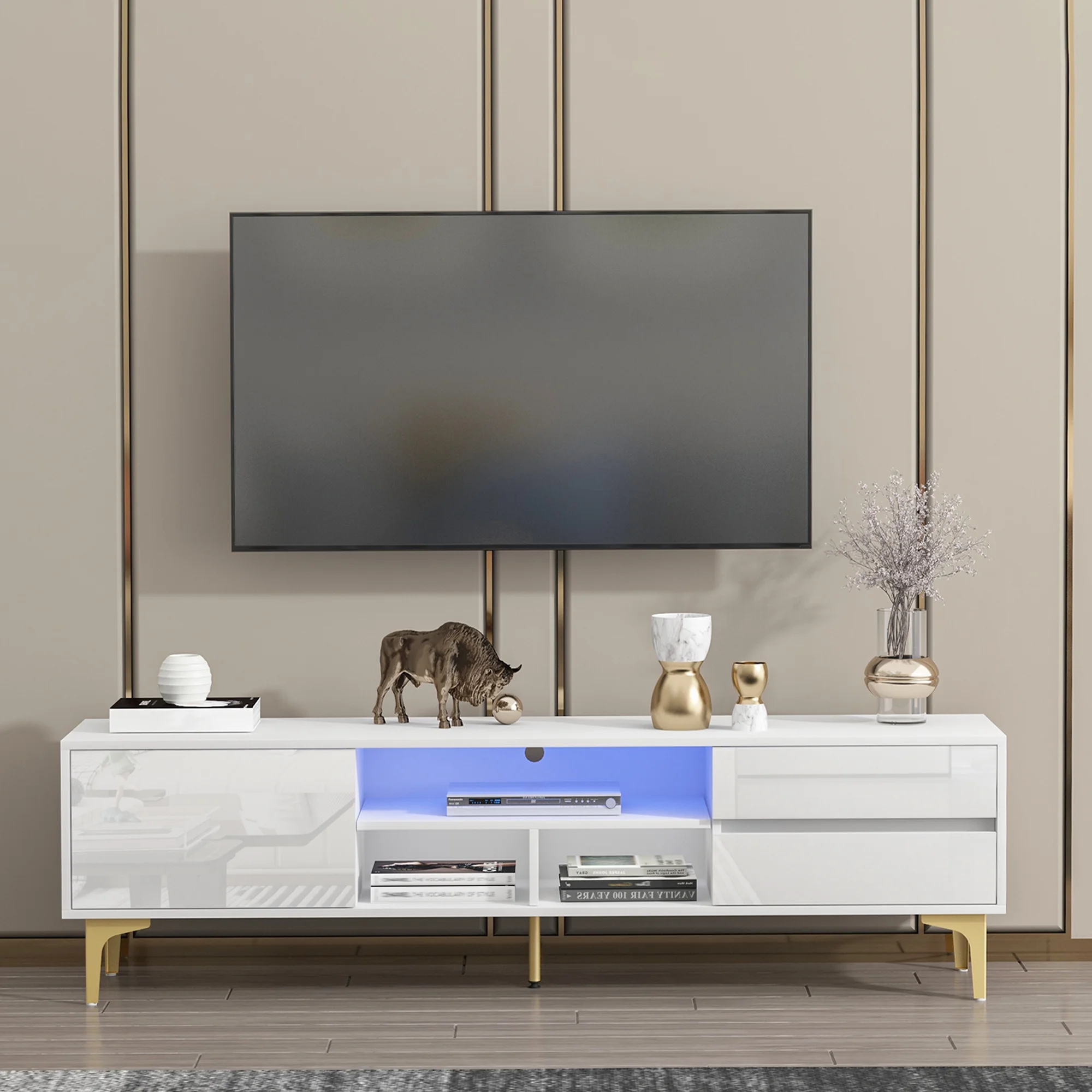 TV Stand,TV Cabinet,Entertainment Center,TV Console,Media Console,With LED Remote Control Lights,Uv Bloom Drawer Panel,Gold Metal Table Legs, Can Be Placed in The Living Room, Bedroom, White