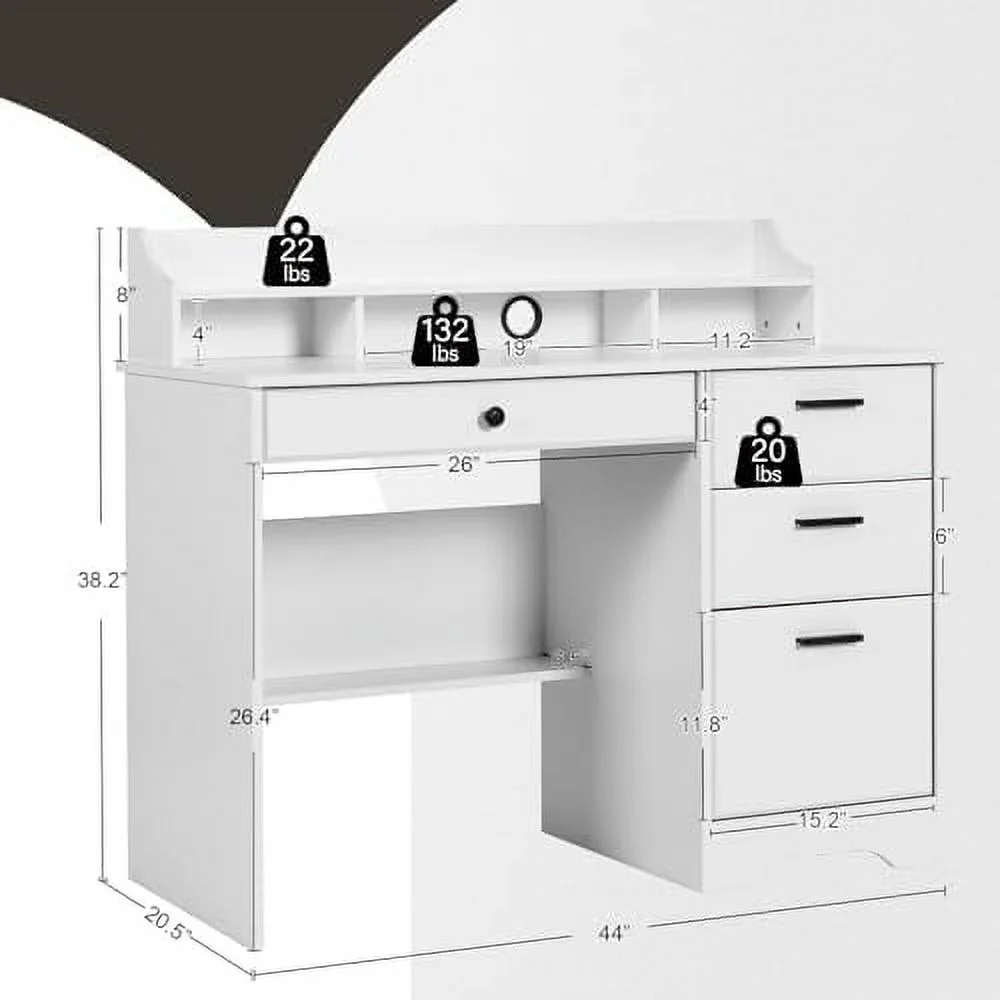 White Desk with Drawers  44" Wood Executive Computer Desk for  Office Student Writing Table with 4  Drawers and Hutch  Small Desk with File Drawer for Bedroom  Small Space  White