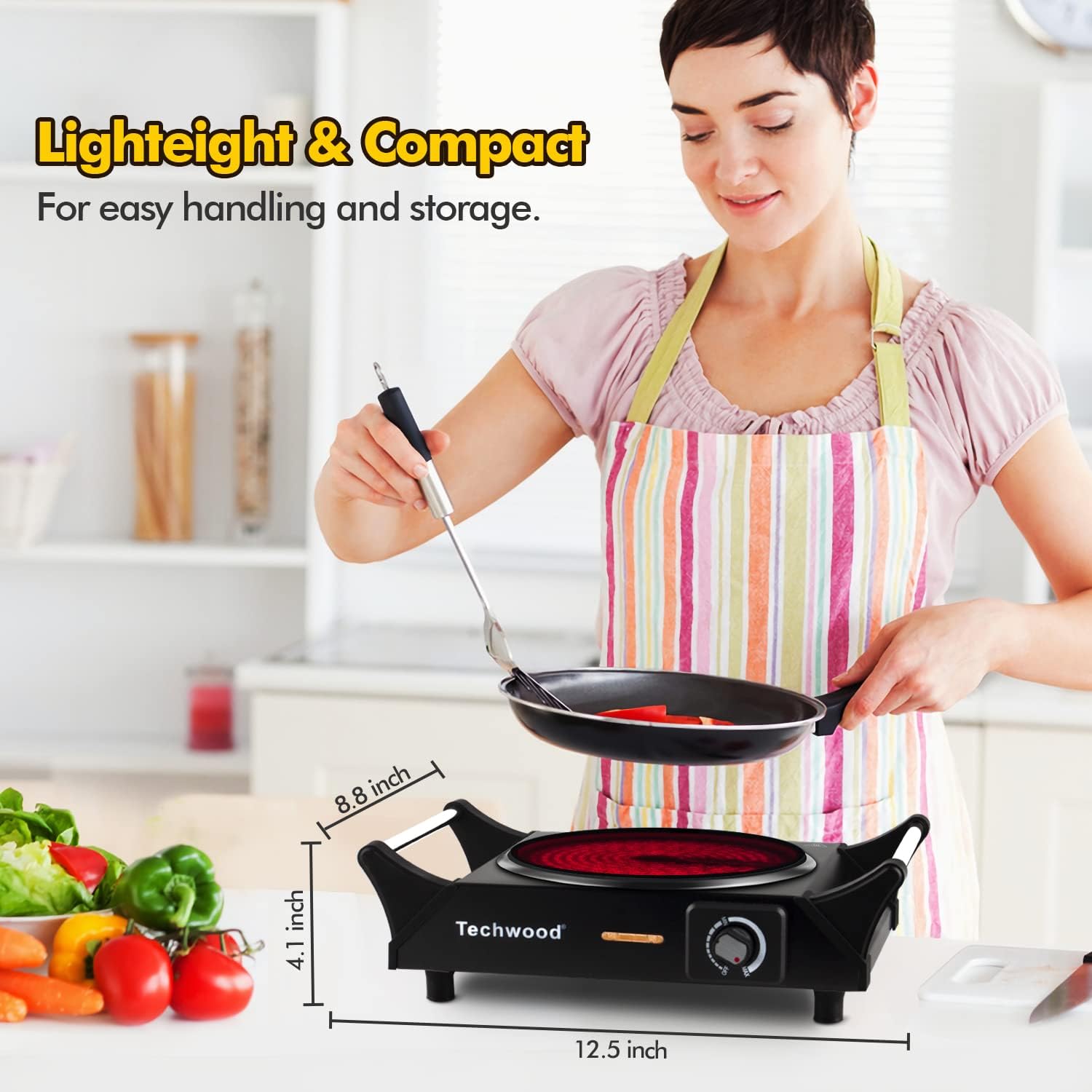 Hot Plate, Techwood Portable Electric Stove for cooking, 1200W Countertop Infrared Single Burner with Handles & 7.5&rdquo; Glass Cooktop for RV/Home/Camp, Compatible for All Cookwares Upgraded Version