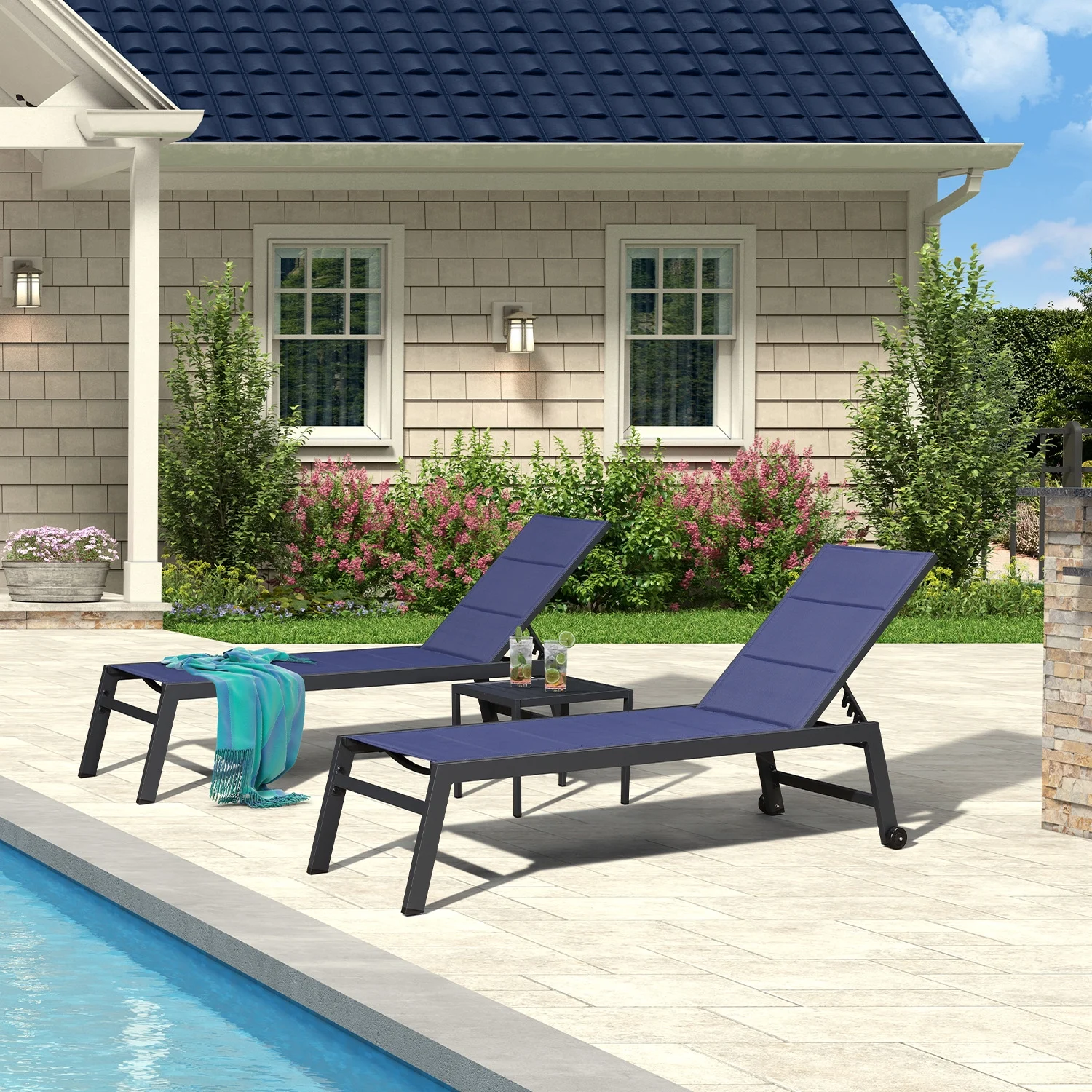 PURPLE LEAF Outdoor Chaise Lounge Set of 3 Aluminum Patio Lounge Chair with Wheels and Side Table Pool Chaise Lounge Chair for Outdoor Backyard Poolside Navy Blue