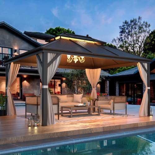 EROMMY 14'x20' Hardtop Gazebo Double Roof Galvanized Steel Canopy Outdoor Aluminum Frame Permanent Metal Pavilion with Netting and Curtains for Patio Backyard Deck and Lawns