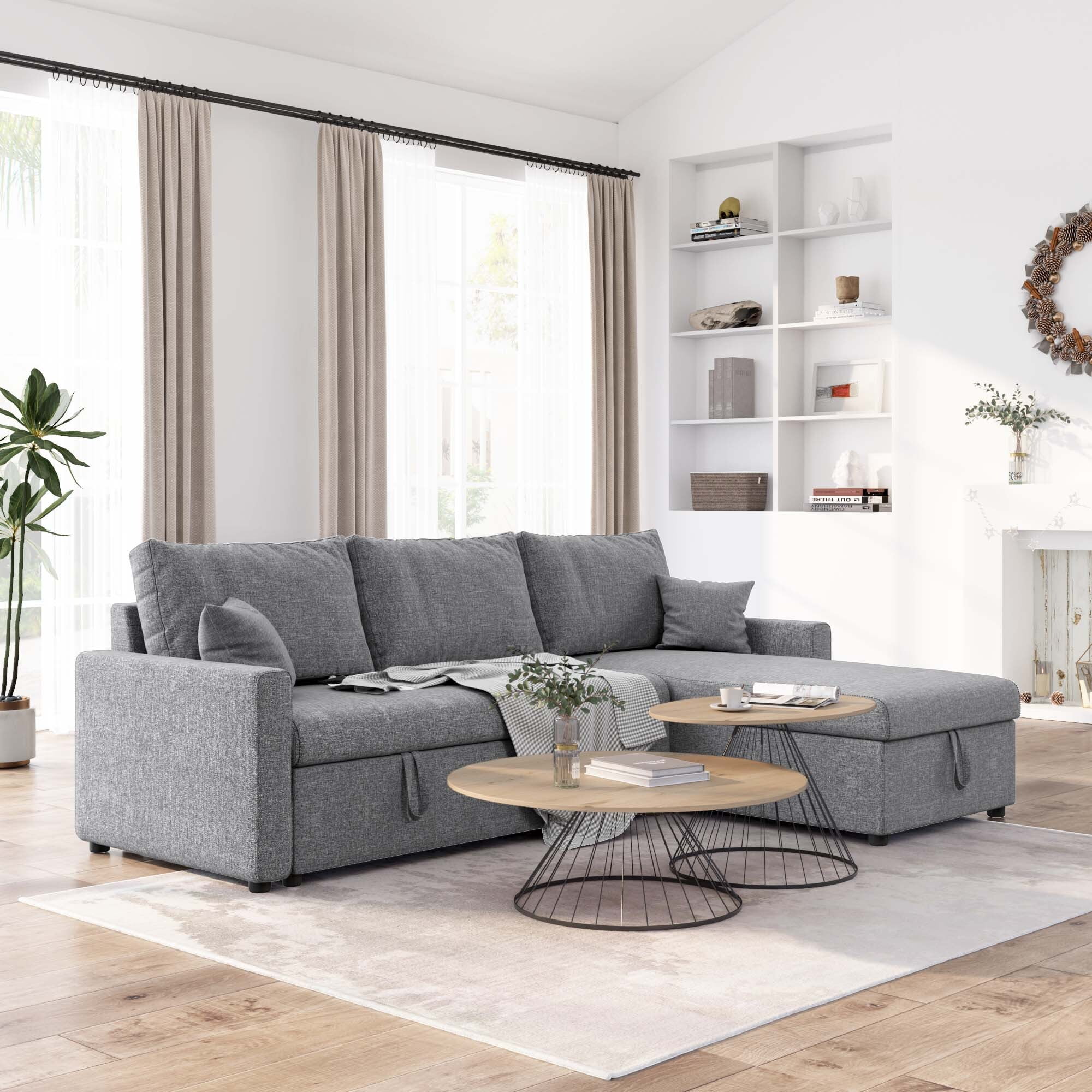 Soges 85" Pull Out Sofa Bed L Shape Sofa with Storage Chaise, Linen Fabric 3 Seater Couch, Dark Gray