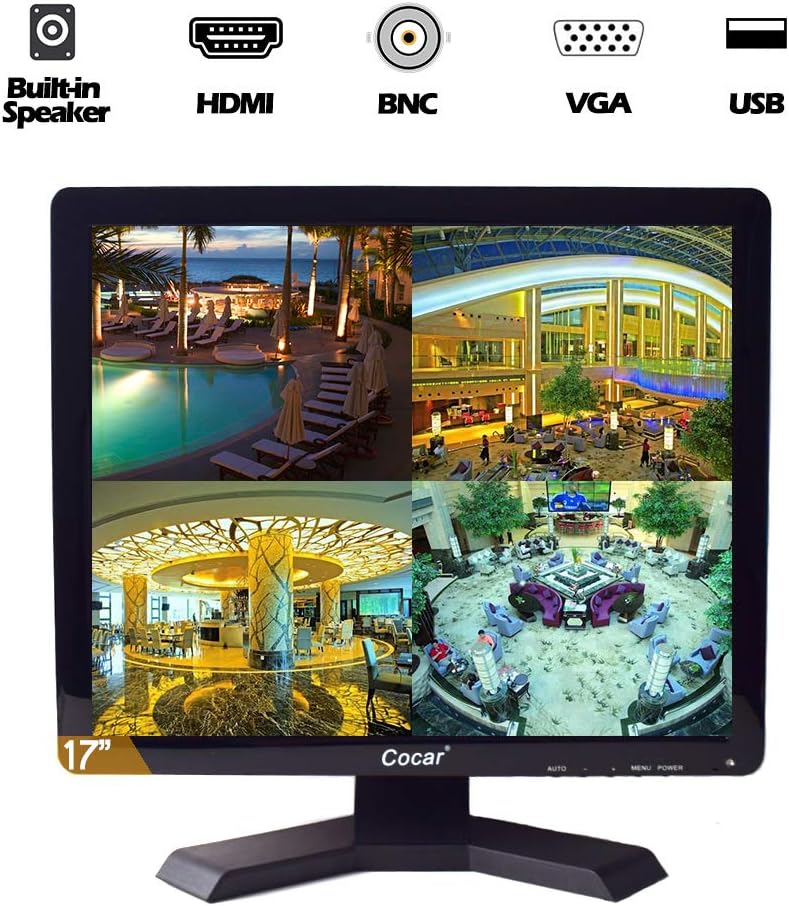 Cocar CCTV Security Monitor, 17 inch BNC Monitor with VGA HDMI AV Built-in Speaker 4:3 HD Display LCD Screen Display with USB Media Player for Home Surveillance Camera STB PC