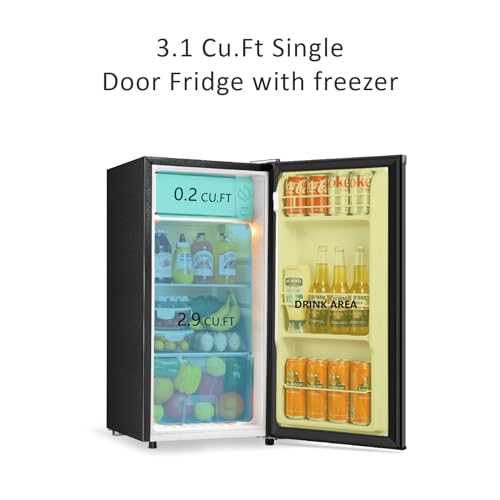 Seaoola Mini Fridge with Freezer, Single Door 3.1 Cu.Ft, Compact Mini Refrigerator, LED Light, Adjustable Thermostat, Removable Glass Shelves, Small Refrigerator for Dorm/Office/Bedroom(Black)