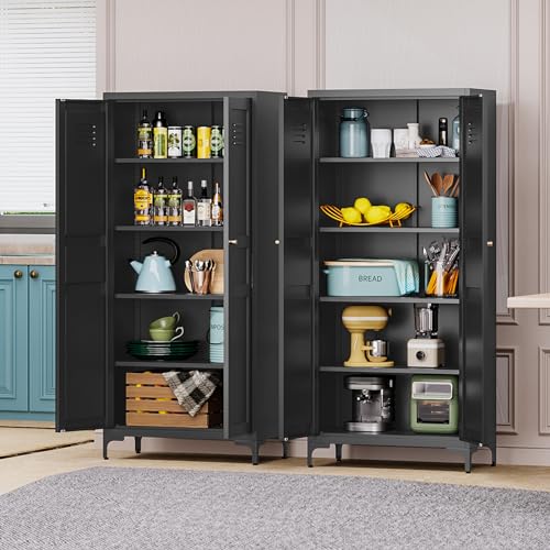 Kitchen Pantry Storage Cabinet with Adjustable Shelves Metal Cupboard Storage Cabinet with Adjustable Feet Pantry Cabinet for Kitchen, Living Room Dinning Room Bathroom. (Black, 61 inch)