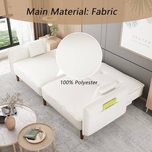Modern Upholstered Convertible Futon Sofa Bed with Storage Pockets and 2 Pillows, Foldable Sleeper Sofa Armrest Couch w/6 Solid Wood Legs for Living Room Apartment (Pink)