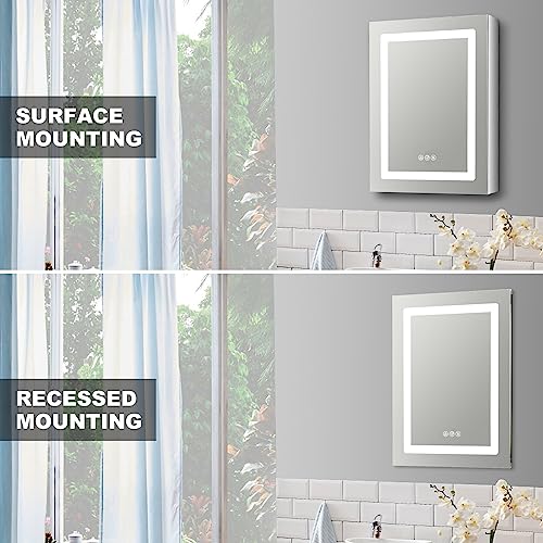 Lighted Medicine Cabinet with Mirror Electrical Outlet,20 X 26 Led Medicine Cabinet Mirror for Bathroom,Internal Light,Recessed Or Surface Wall Mounted, Defogger, Dimmer,Large Angle Hinge