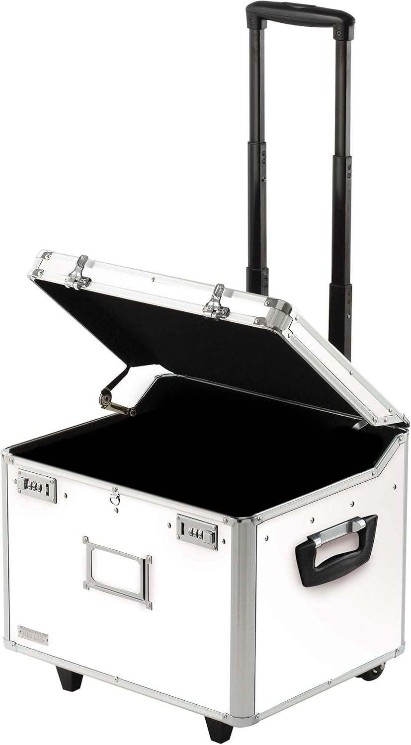 Vaultz Portable File Box with Handle - 15 x 14 x 17 Inch Letter/Legal Size Mobile Lock Box with Wheels for Filing & Storage - Double Combination Locking Cabinet - White