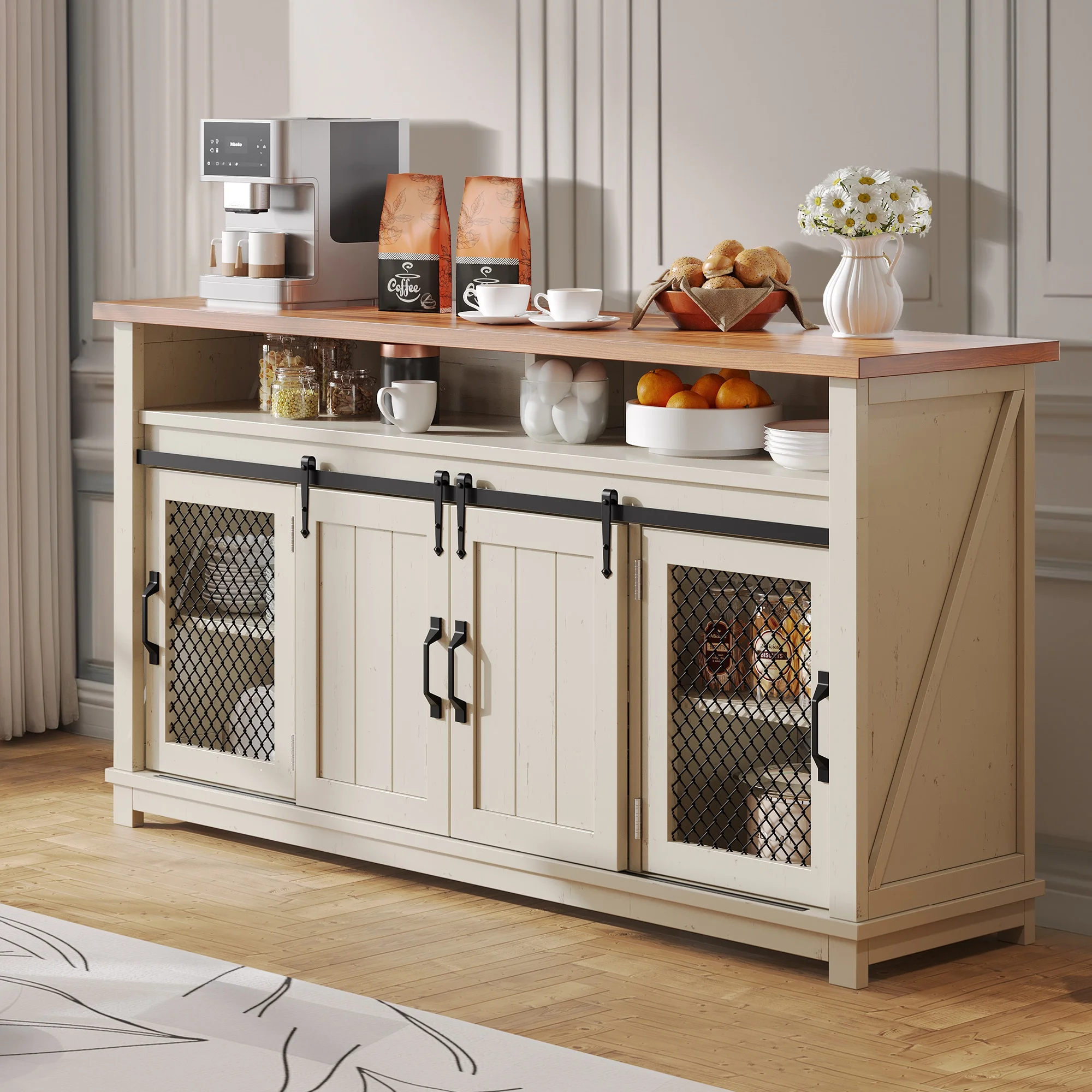 Dextrus Farmhouse Coffee Bar Cabinet, 63" Sideboard Buffet Cabinet with 2 Sliding Barn Door & 2 Visual Grid Doors, Buffet Storage Cabinet, Antique White