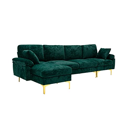 U-Shaped Sectional Sofa Couch, 114 Inches Modern Fabric Upholstered Accent Sofa with Chaise Lounge, Ottoman and 2 Pillows, Convertible Modular Large Sofa Couch for Living Room, Purple