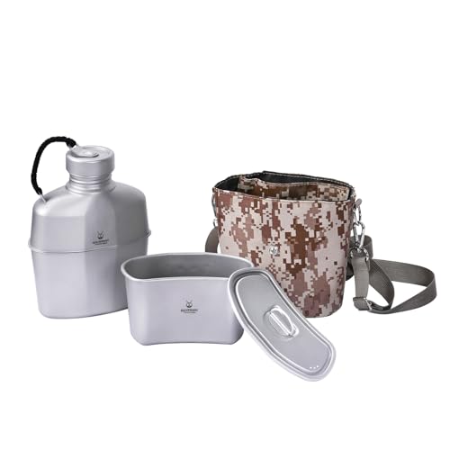 SILVERANT Camping Canteen Titanium Military Canteen Mess Kit Ultralight Camping Mug with Carry Pouch & Cup Foldable Handle -Bottle 1000ml, Cup 600ml