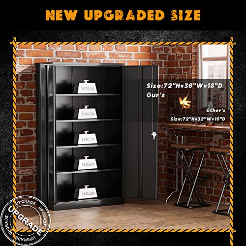 Greenvelly Metal Garage Storage Cabinet with Lock, 72”Metal Storage Cabinet with 2 Doors and 4 Adjustable Shelves, Steel Tool Cabinet for Garage,Home Office, School,Gym (Black Grey)
