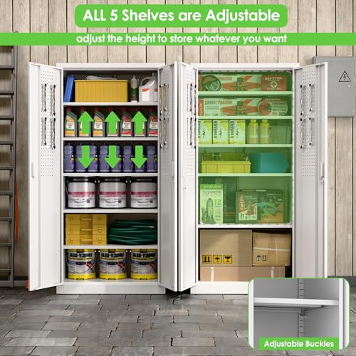 Aobabo Garage Storage Cabinet with Wheels,72" H Metal Storage Cabinet with 2 Doors and 4 Adjustable Shelves for Garage Home, Black,Required-Assembly