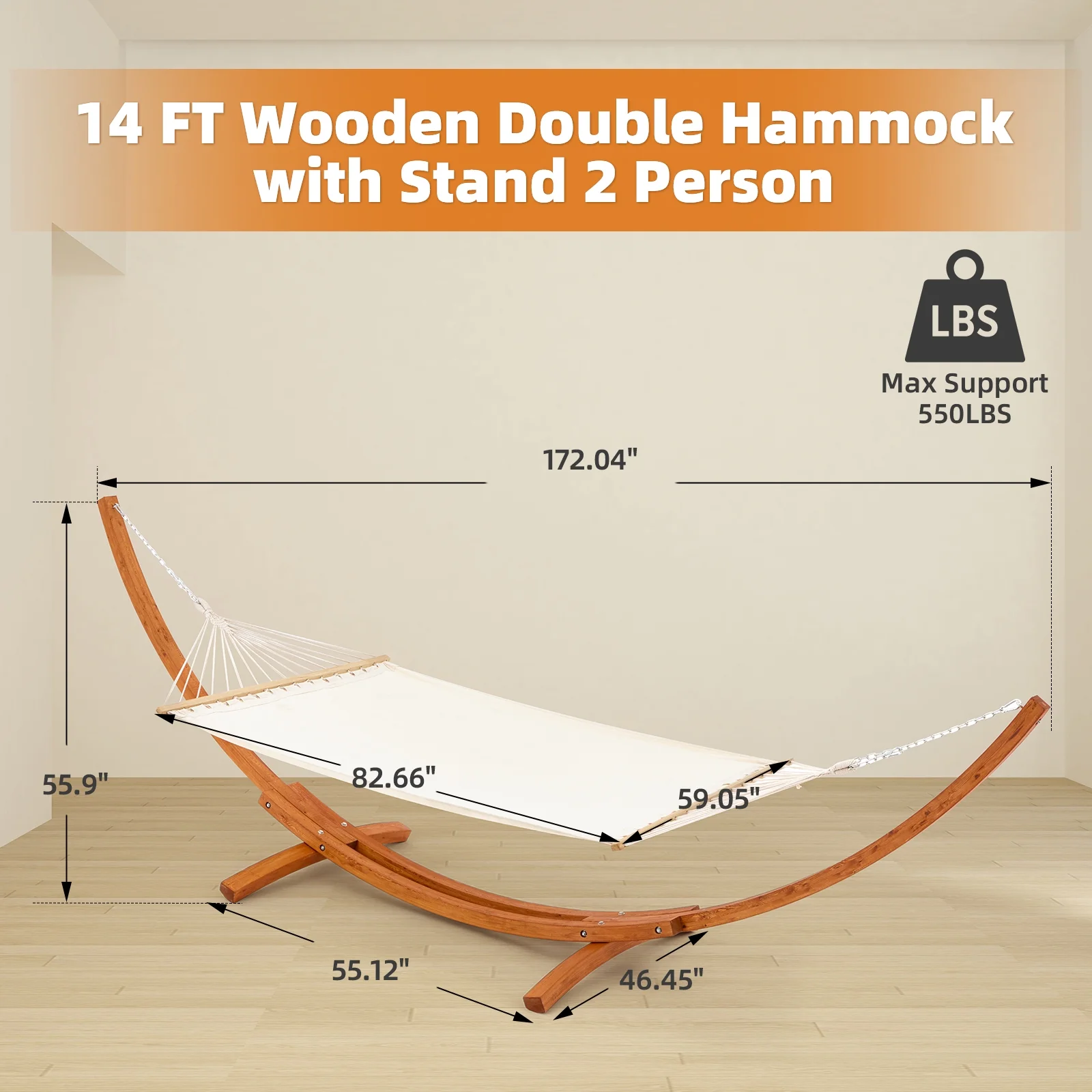 AVAWING 14FT Wooden Double Hammock with Stand 2 Person Heavy Duty, Easy Assemble, Weatherproof Premium Quilted Camping Hammock for Outdoor, Patio(White)