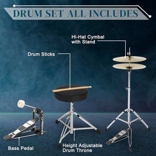 Ktaxon 22 Inch Adult Drum Set, 5-Piece Full-Size Drums Kit with Cymbal Stands, Hi-hat Stand, Sticks, Drum Pedal, Stool & Floor Tom for Beginner Teens Student (Blue)