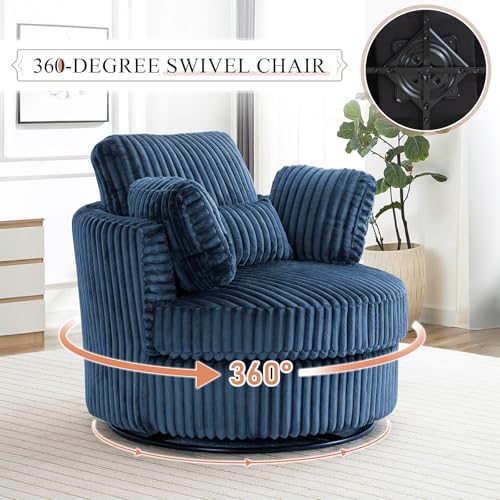 Chair and A Half with Ottoman, 360° Swivel Accent Barrel Chair Modern Comfy Round Reading Sofa Swivel Chairs Circle Lounge Chair for Bedroom Living Room w/4 Pillow Lower Seating Heigh (White, Large)