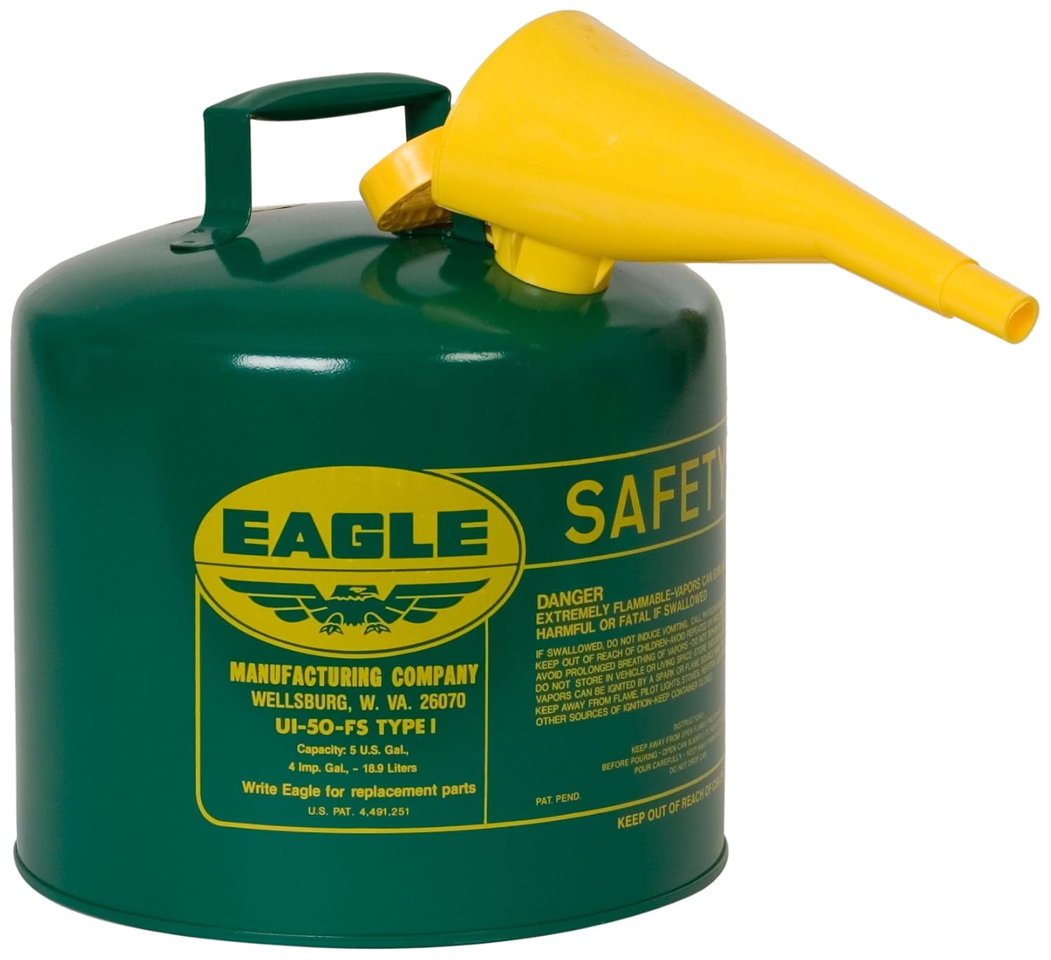 Eagle UI-50-FSG Type I Metal Safety Can with F-15 Funnel, Combustibles, 12-1/2" Width x 13-1/2" Depth, 5 Gallon Capacity, Green
