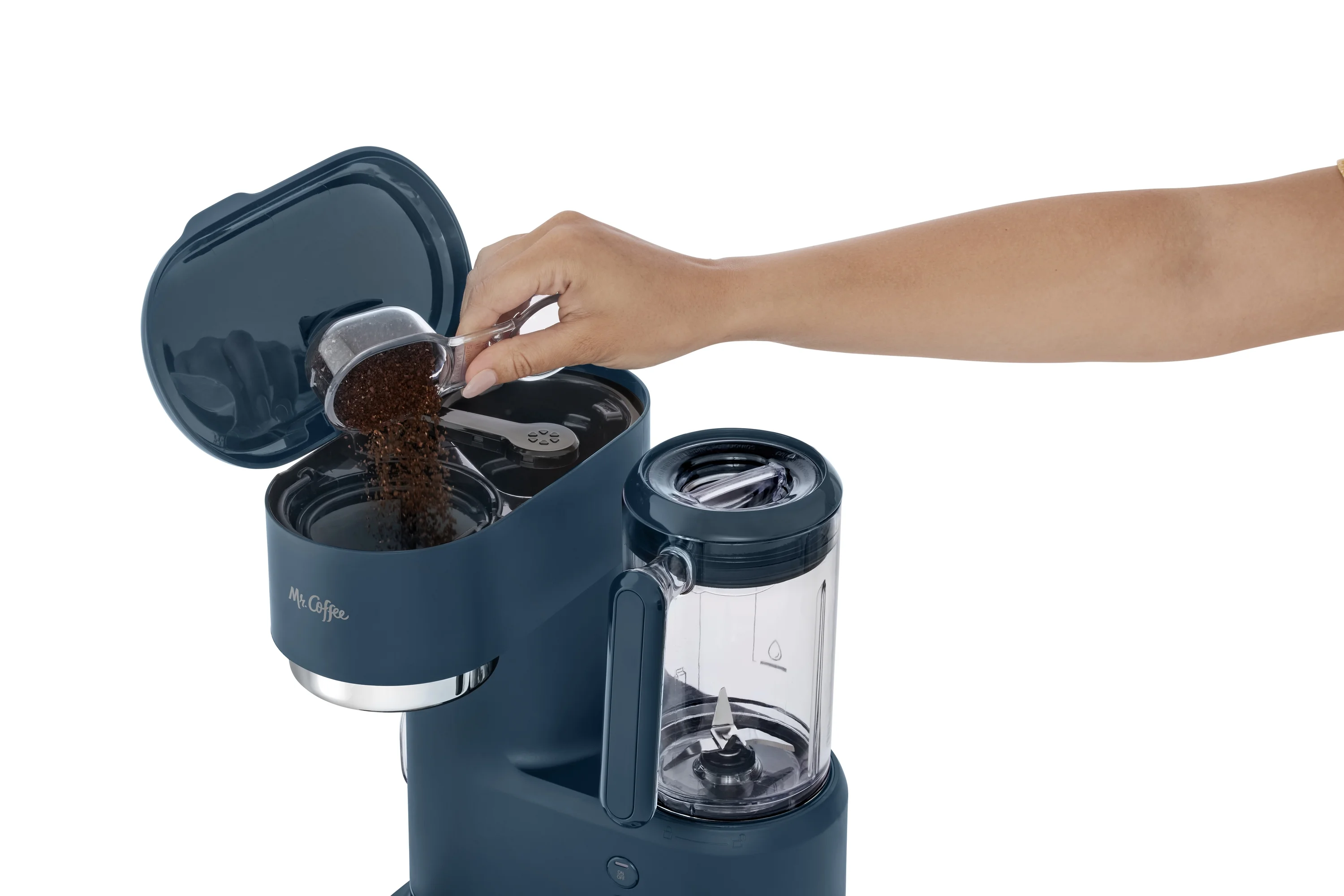 Mr. Coffee Single Serve Frappe, Iced, and Hot Coffee Maker and Blender, Single Serve Iced Coffee Maker with Reusable Tumblers and Coffee Filter, Navy Blue