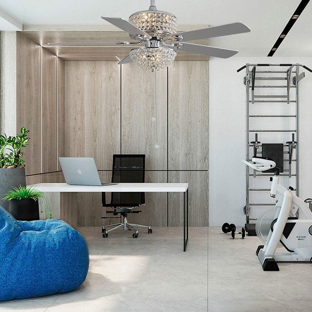 TFCFL Modern 52in Crystal Ceiling Fan with Light and Remote 5 Blades Chandelier Fan Lighting with 3 Speed Adjustable & Timing Function, Crystal Ceiling Fan for Living Room Bedroom Office (Silver)