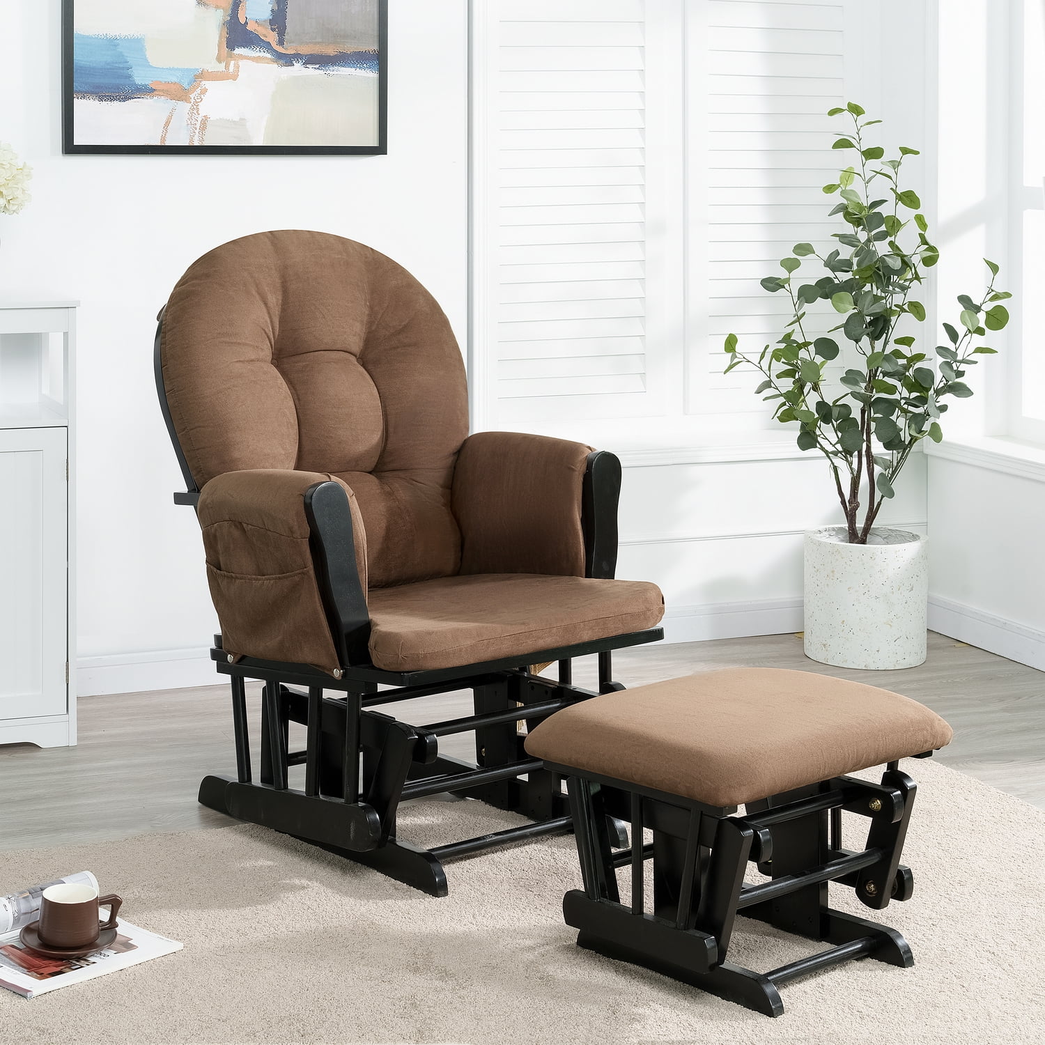 Nursery Glider & Ottoman Sets, Reclining Swivel Glider Rocker with Ottoman, Nursery Rocking Chair for Baby Room, Upholstered Nursery Recliner Glider with Ottoman, Padded Arms - Chocolate, Black
