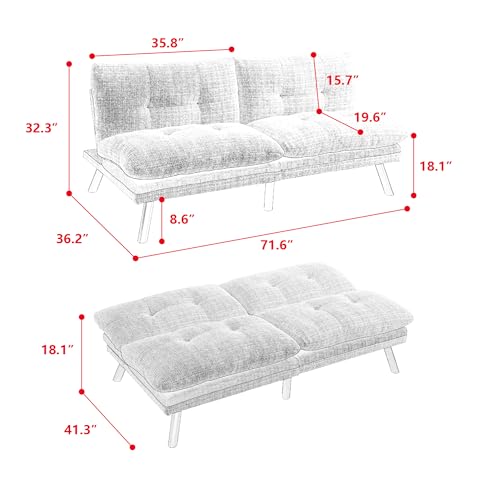 Convertible Futon Sofa Bed, Modern Folding Sleeper Loveseat, Polyester Fabric Memory Foam Adjustable Lounge Couch for Compact Living Space, Dark Gray