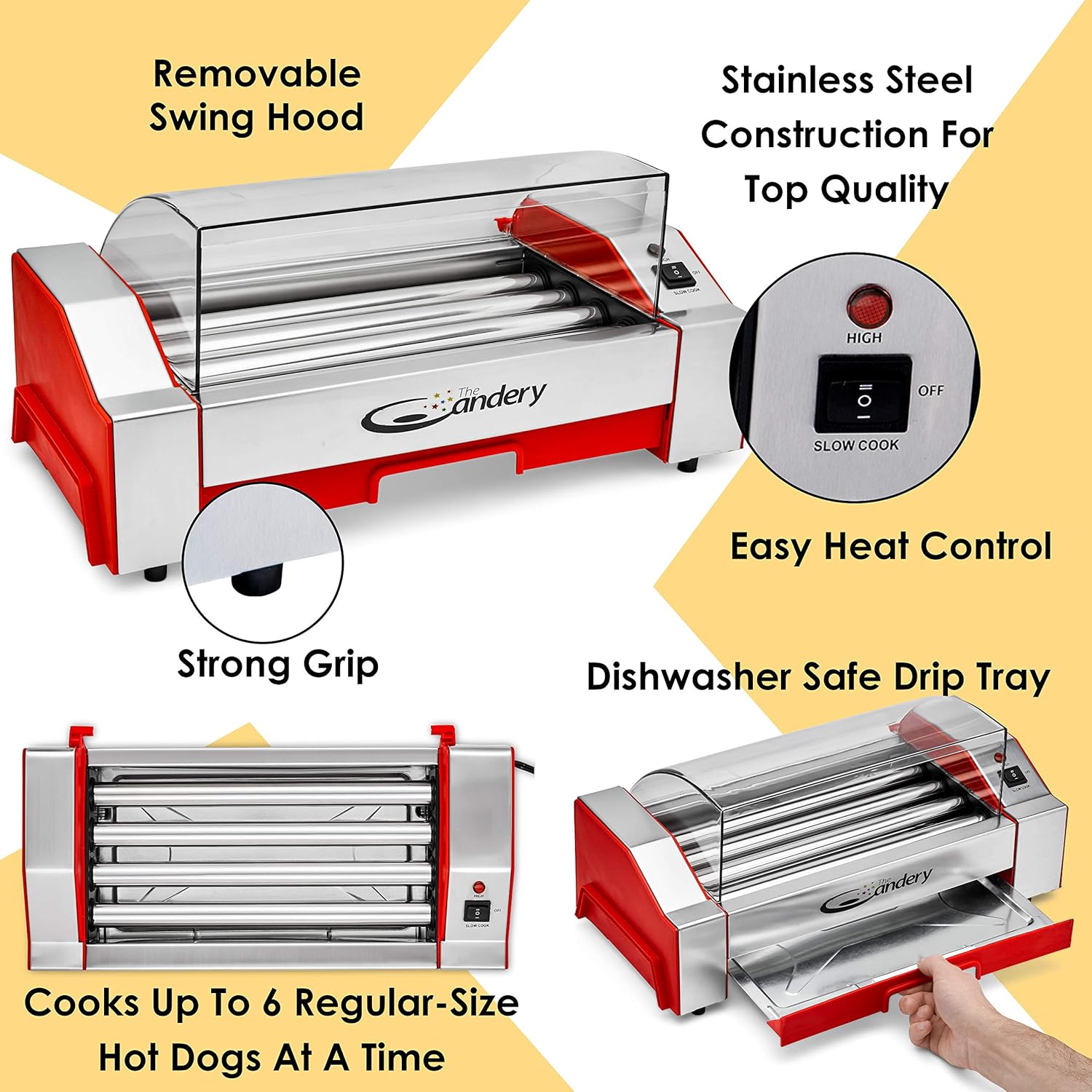 The Candery Hot Dog Roller - Sausage Grill Cooker Machine - 6 Hot Dog Capacity - Household Hot Dog Machine for Children and Adults