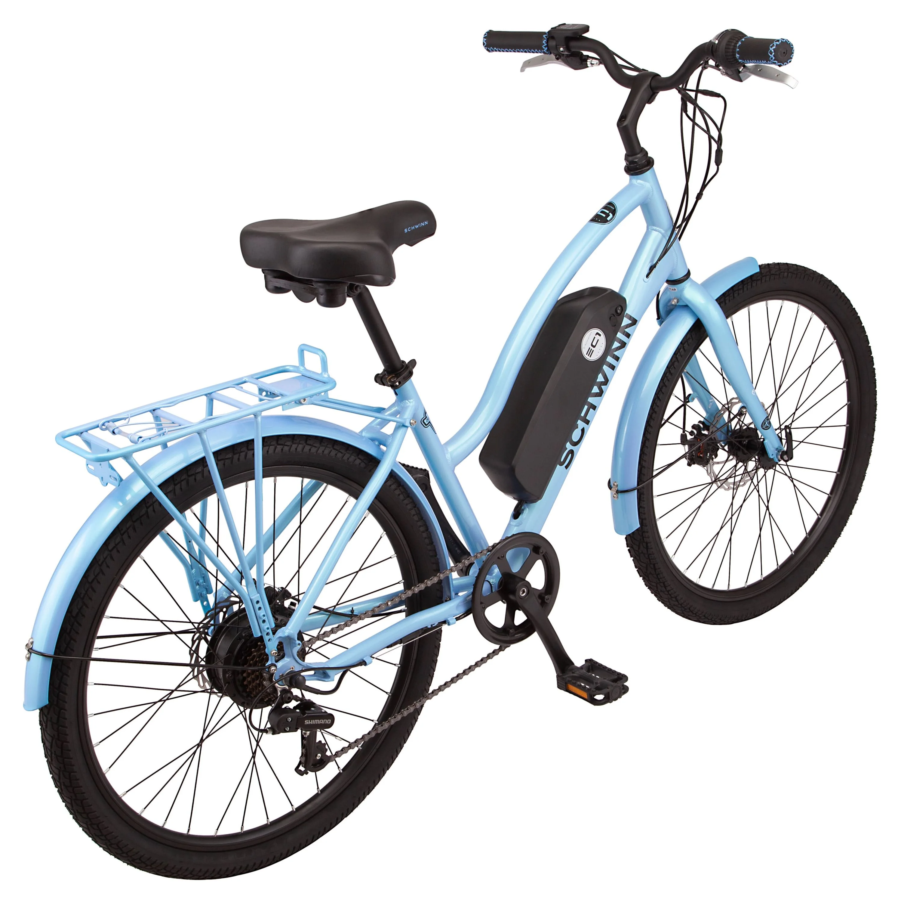 Schwinn 26" EC1 Electric Cruiser Bike for Adults, 7 Speeds, 250w Motor, Blue Ebike