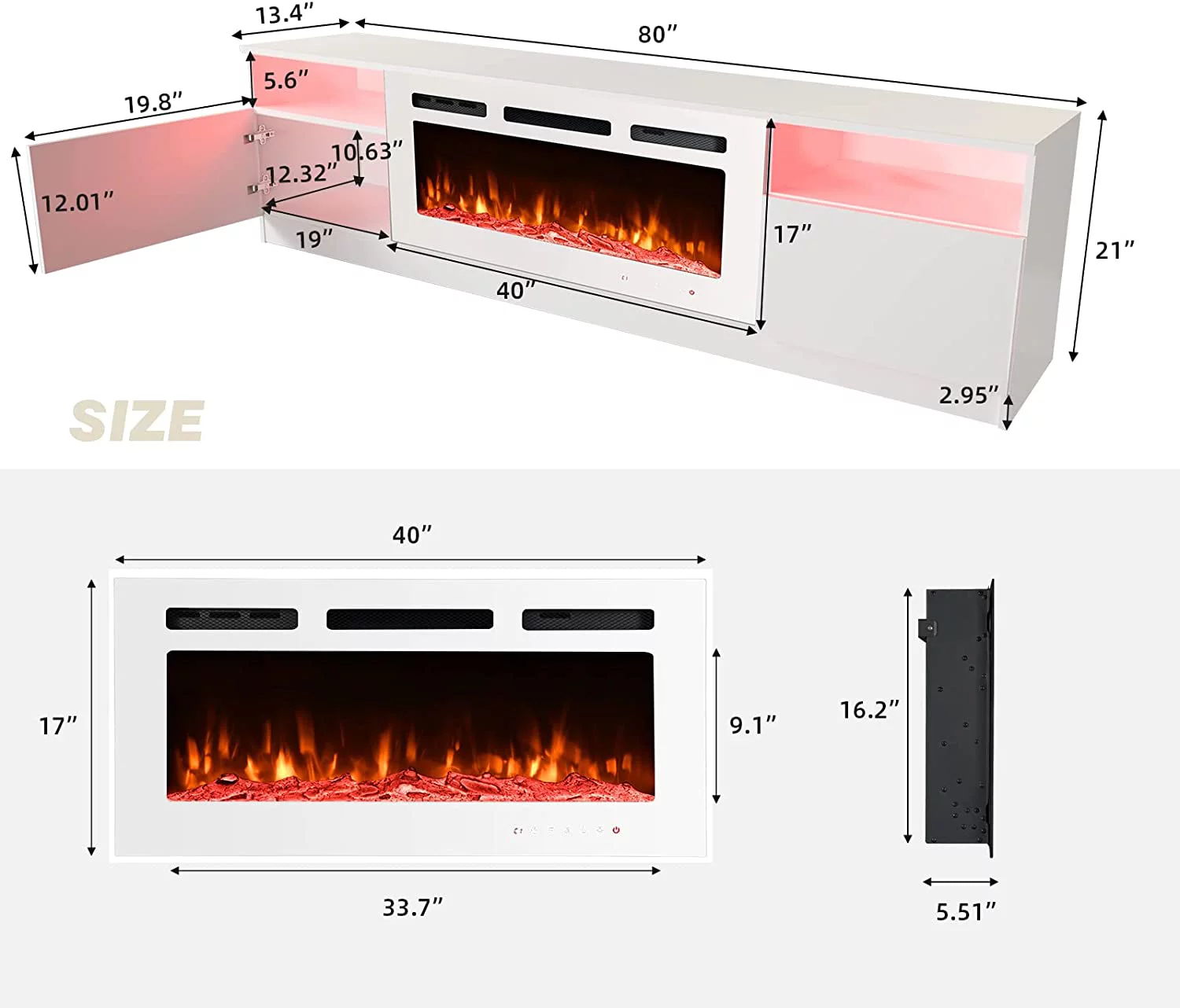 Erinnyees 80'' Fireplace TV Stand with 40'' Electric Fireplace, Entertainment Center with 16 Color Led Lights and 12 Flame Fireplace Insert Heater, TV Console for TVs up to 80'' for Living Room, White