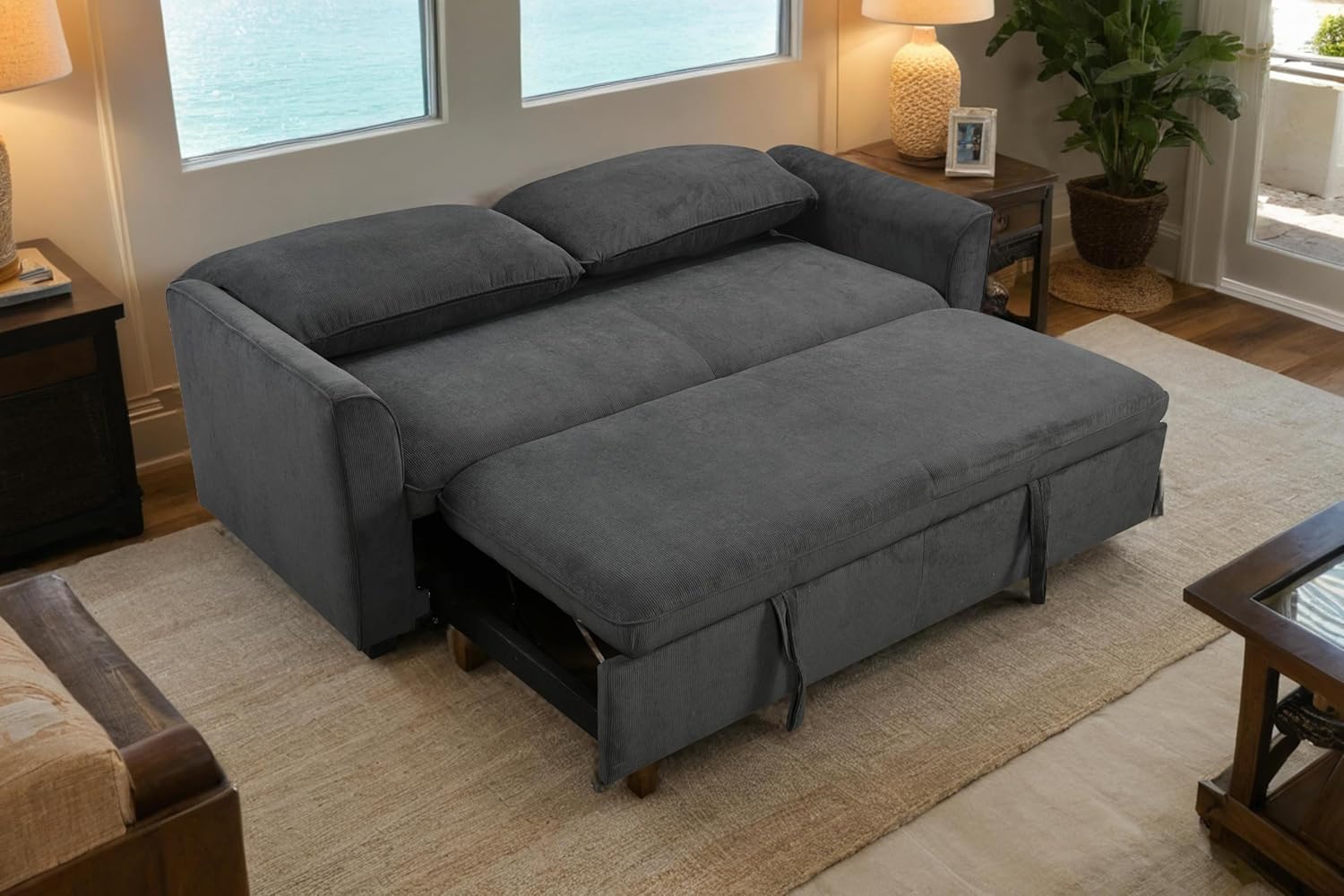 Queen Size Convertible Sleeper Sofa Bed - 78-Inch Comfortable Pull-Out Loveseat for Small Spaces, RVs, and More - Beige (Dark Grey)