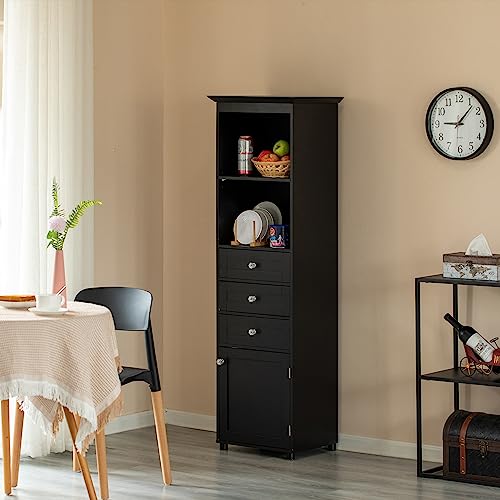 Tall Freestanding Storage Organizer Linen Tower, Vanity, Bathroom Cabinet with 2 Open Shelves, 3 Drawers, and a Closet, Black