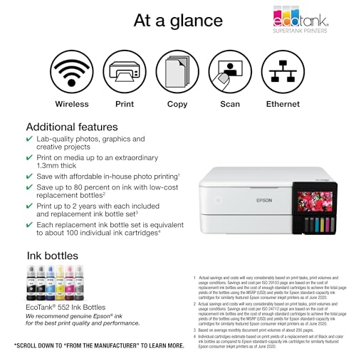 Epson EcoTank Photo ET-8500 Wireless Color All-in-One Supertank Printer with Scanner, Copier, Ethernet and 4.3-inch Color Touchscreen, White, Large