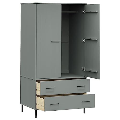 Wardrobe with Metal Legs Gray 35.4"x21.7"x67.9" Solid Wood OSLO,Compact Pine Wood Wardrobe with Ample Storage Space and Stylish Design for Home Armoires & Wardrobes, Bedroom Cabinets & Storage